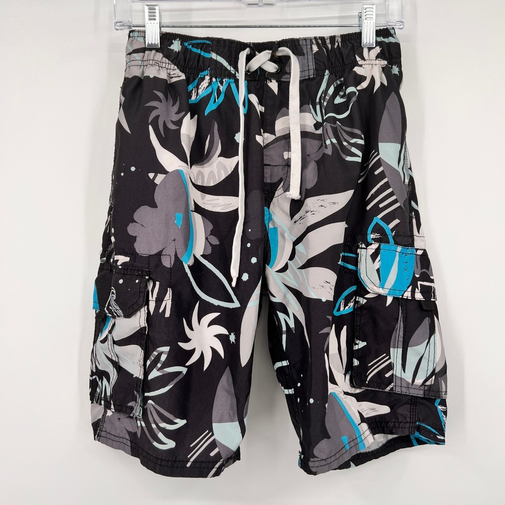 Kanu Surf Mens M Swim Trunks Black Blue Floral Cargo Board Shorts Mesh Lining